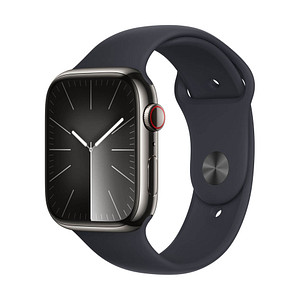 Apple Watch Series 9 45 mm Edelstahl (GPS+Cellular) Sportarmband M/L schwarz, graphit