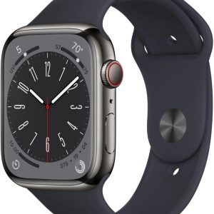 0 Apple Watch Series 8 (GPS + Cellular) 45mm Edelstahlgehäuse graphit, Sportband mitternacht