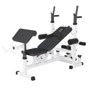 GORILLA SPORTS Hantelbank Multifunktion, mit Langhantel Ablage, Bankdrücken - Kraftstation, (mit Curlpult, Butterfly, Dip-Station und Beincurler), Schwarz/Weiß - Verstellbar Trainingsbank, Fitnessbank, Krafttraining