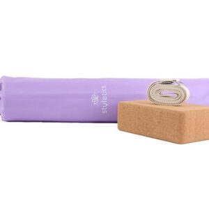 Styletics Yogamatte Yoga-Matte Klotz Gürtel Set Training Sport Fitness (Yogamatte, Kork Block, Gürtel aus Baumwolle, Beutel), Pilates Entspannung